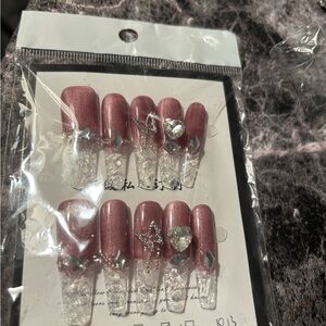 Pink Glitter Press-On Nails with Rhinestones